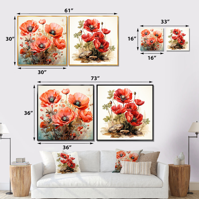 Red Serene Poppy Meadows I - ensemble de 2 reproductions d'art sur toile coquelicot, Toile tendue