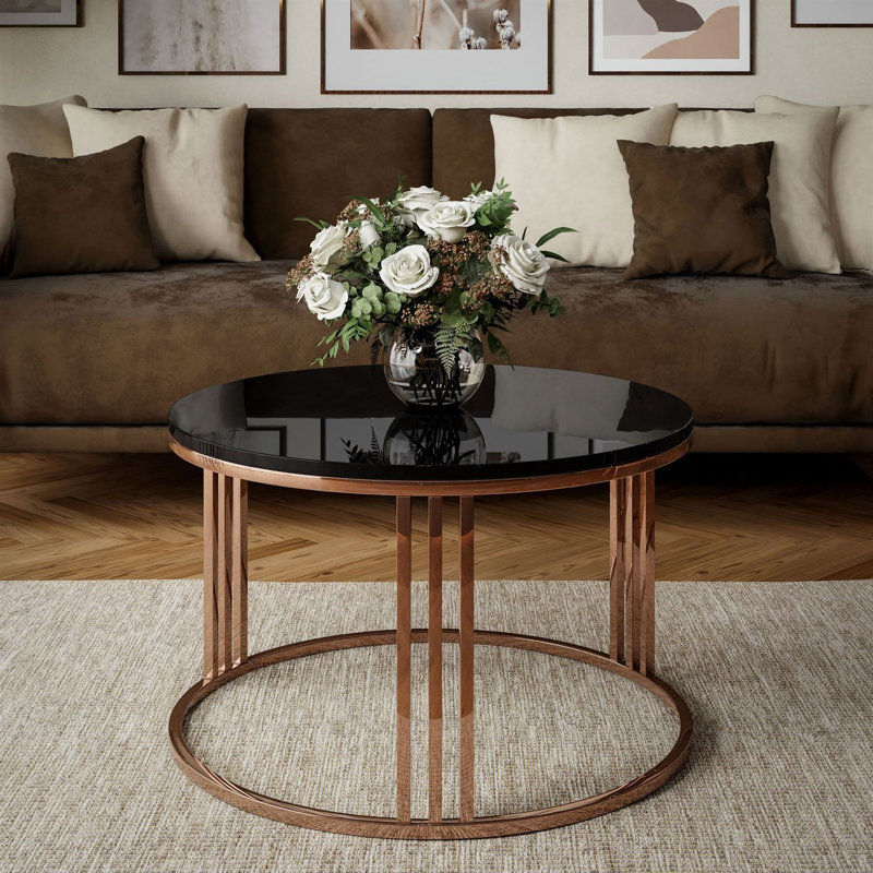Round Coffee Table – Glossy Top with Copper Frame, Black Gloss