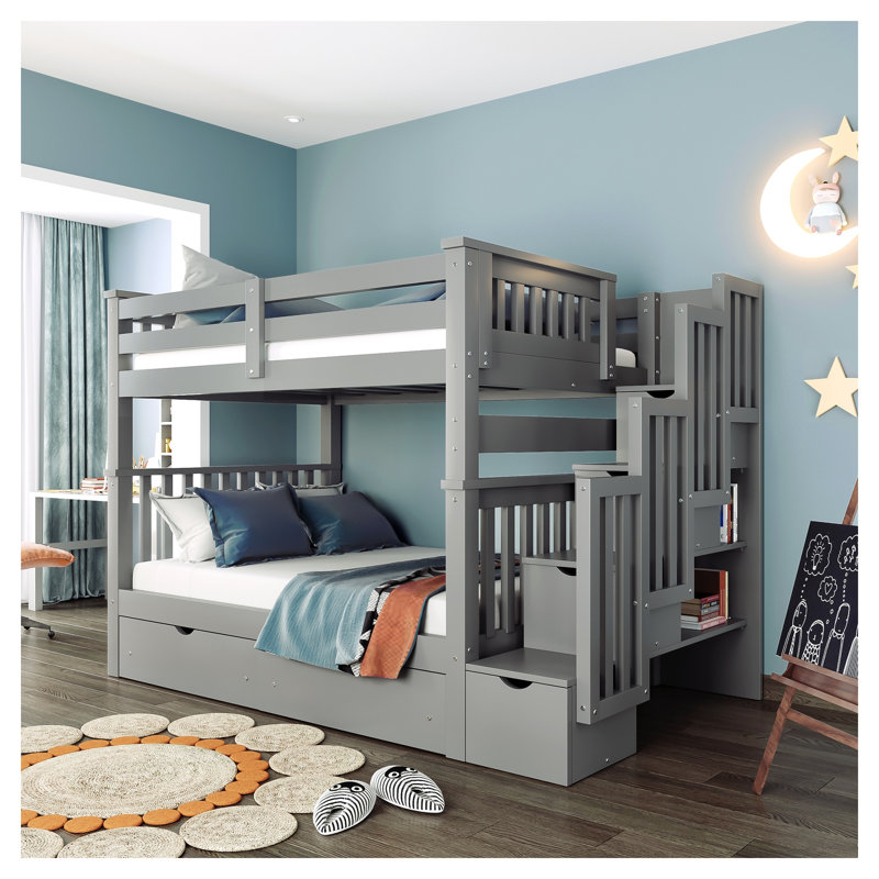 Lit superposé double au-dessus de double gris avec rangement pour escalier, lits simples en bois massif et 6 tiroirs