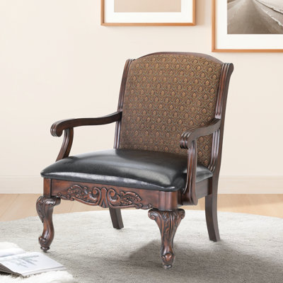 Chaise avec accoudoirs brun, fabrication en bois massif, fauteuil traditionnel en vinyle avec revêtement de siège, bois franc, largeur de 26 po, sculptures ornées