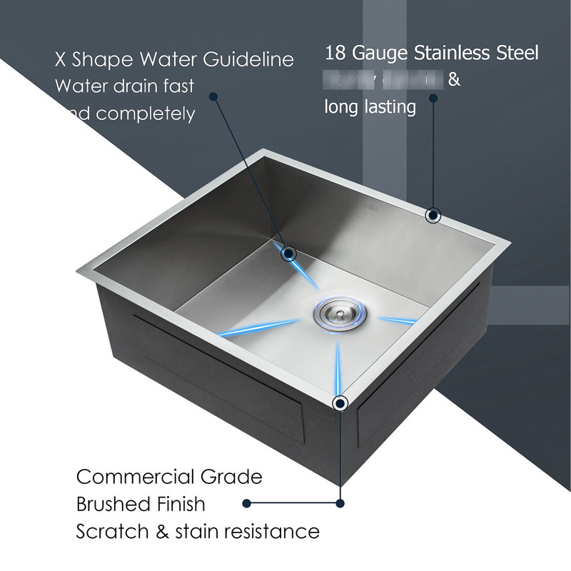 Lavabo de cuisine en acier inoxydable de 25 po x 22 po x 9 po - avec ouverture de drain de 3,5 po et guide d'installation Évier de 25 po avec égouttoir de drainage en forme de X