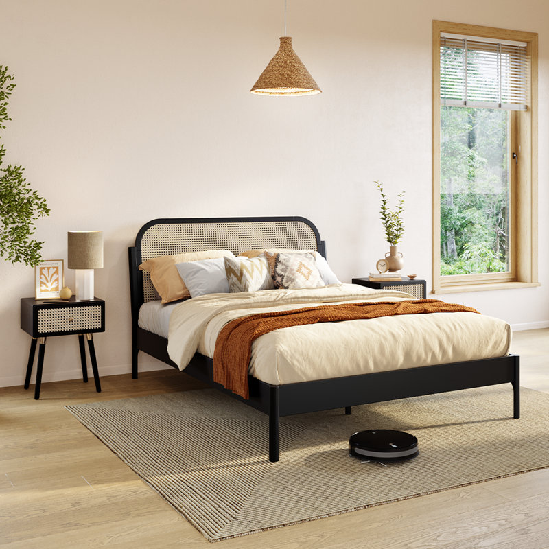 Lit plateforme en rotin de bois massif avec tête de lit Beiro et cadre de lit style Mid-Century Beiro, Grand, Noir