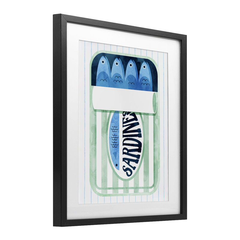 «Seafoam Sardine Tin over Stripes», reproduction encadrée sous verre, design par Daphne Polselli, H 16 po x l 13 po