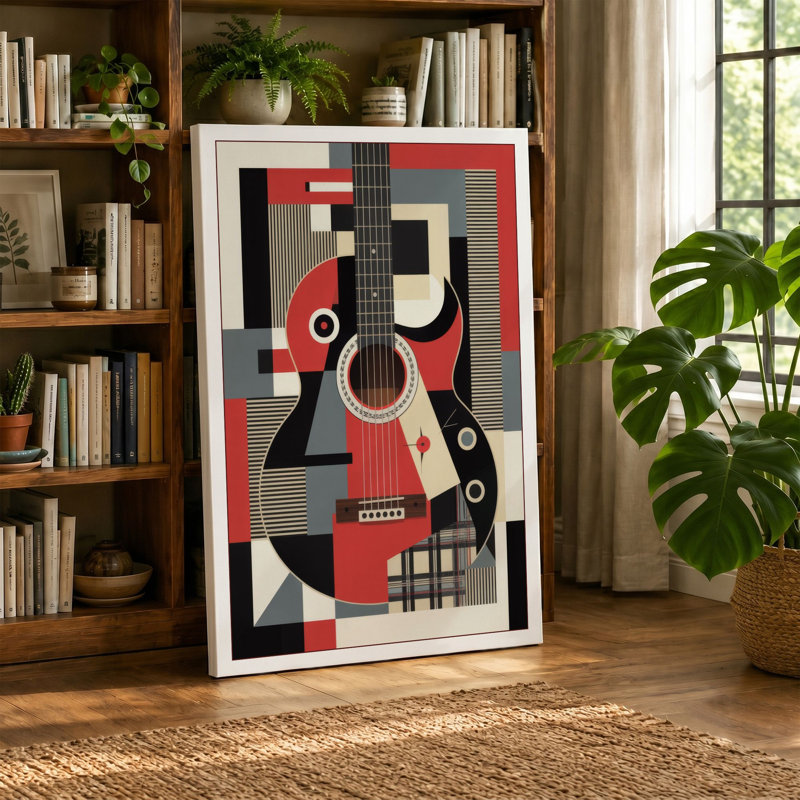 Geometric Guitar Art Deco 1 Piece Wrapped Canvas Wall Art, 30x20 - 76.2 x 50.8 cm, White Border