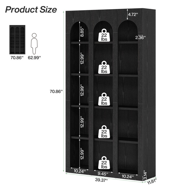 Set of 2 Modern 5-Tier 70.87-Inch Wood Farmhouse Home Office Bookshelf Bookcase Open Large Storage 2PCS！, Black