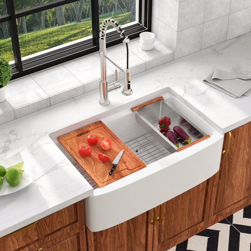 33'' L White Ceramic Workstation Rectangular Single Bowl Farmhouse / Apron Kitchen Sink with Cutting Board, Sink Grid