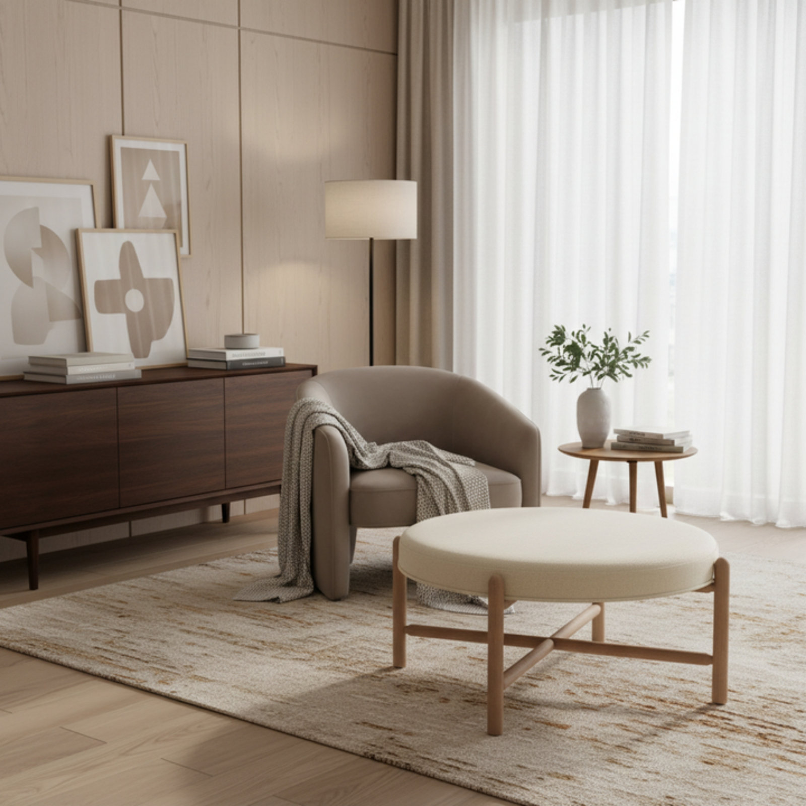 Vane 36" Round Ottoman, Cream, Oak