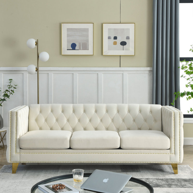 Adas 80.5'' Velvet Sofa, Beige Velvet, 29" H x 80.5" W x 30.5" D