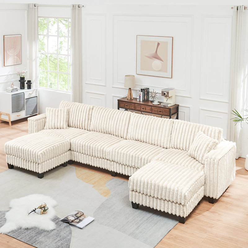 137" Faux Rabbit Fur Sectional Sofa With Ottoman, White