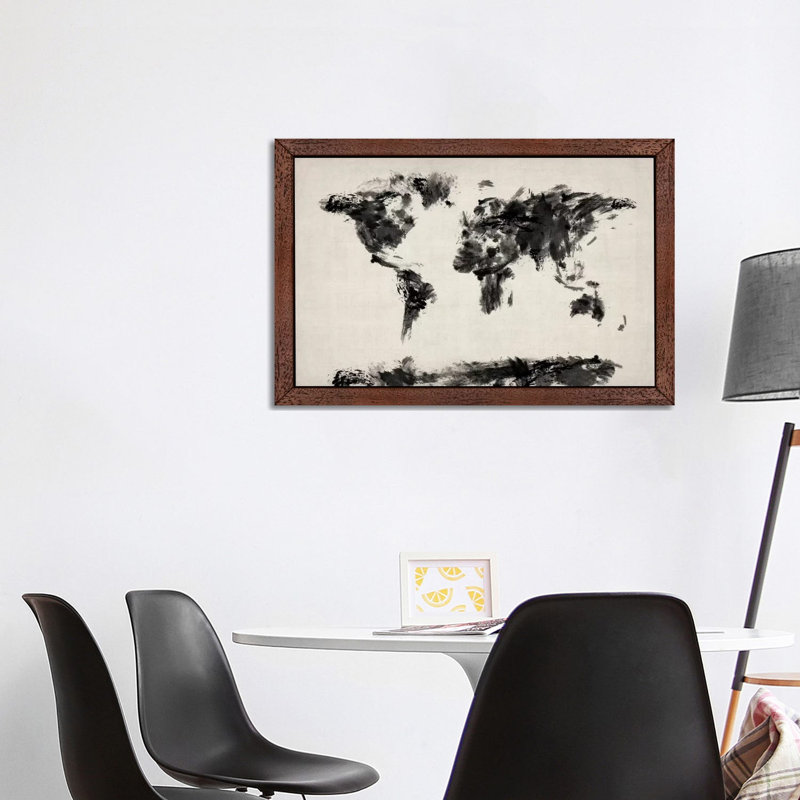 Map Of The World Paint Splashes Black by Michael Tompsett - Floater Frame Print on Canvas, Brown Framed