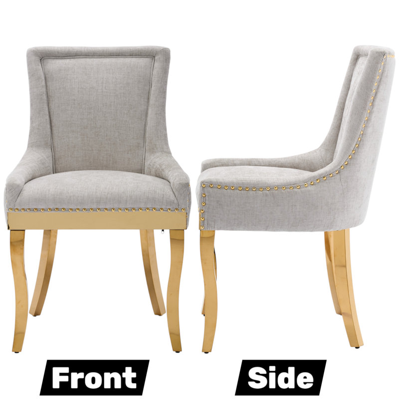 Thickened Fabric Upholstered Wooden Nailhead Dining Chair, Light Gray, 2, Gold