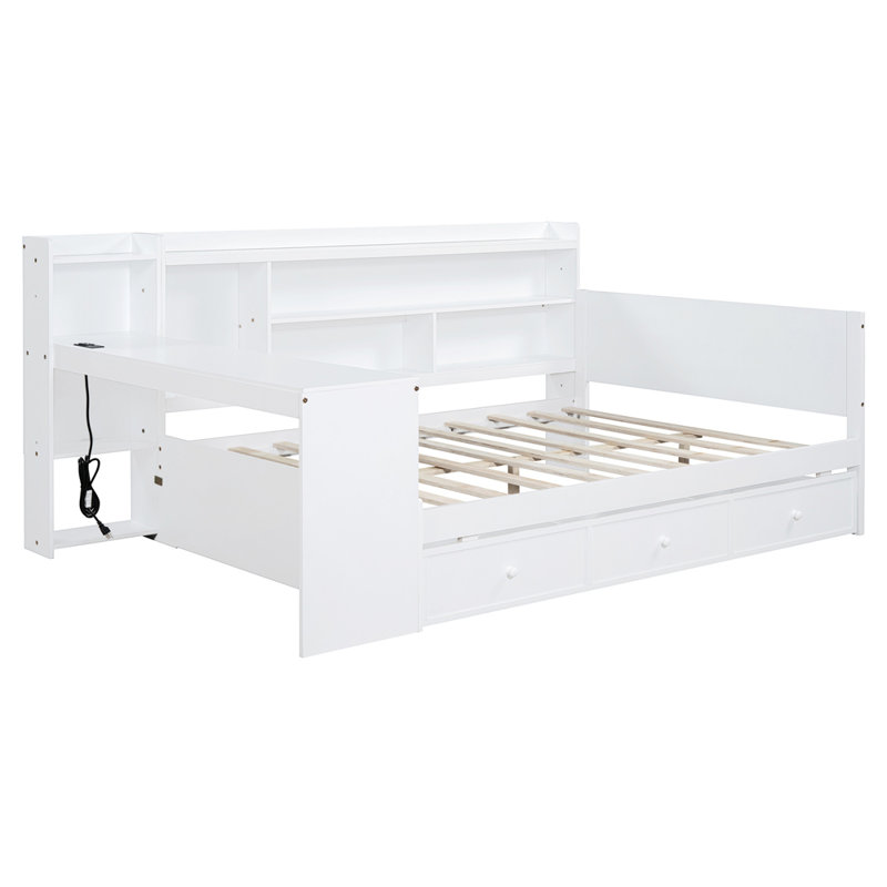 Full Size Wooden Daybed With 3 Drawers, USB Ports and desk