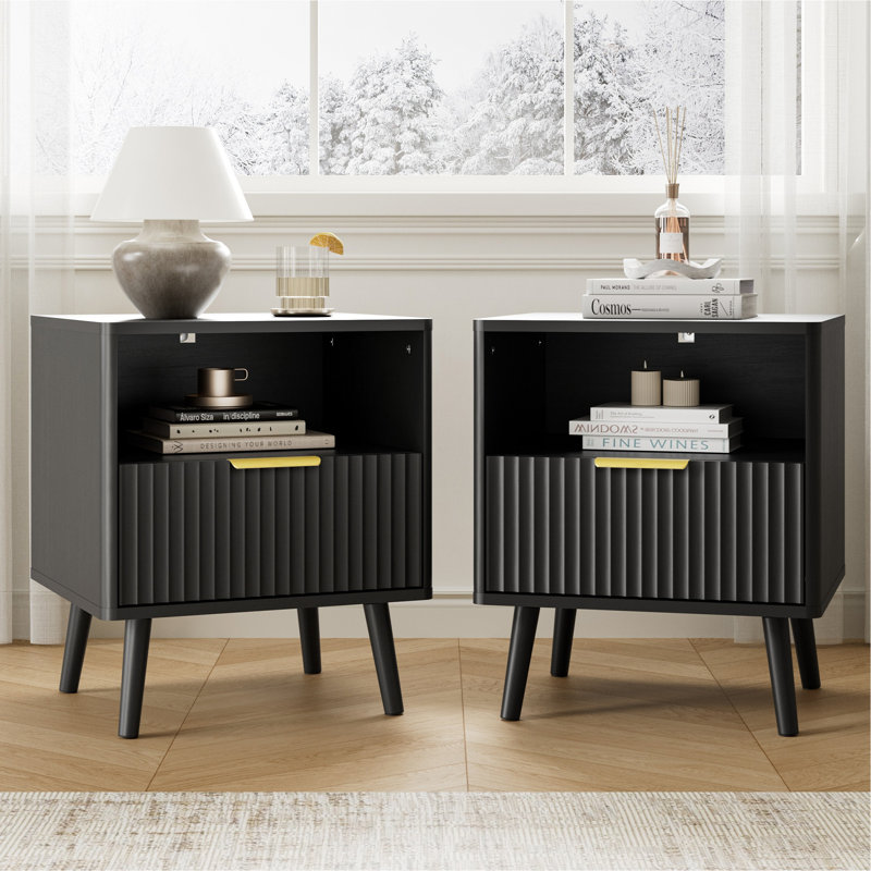 Fluted Nightstands Set Of 2, With Curved Profile Design, End Table W/Storage, Bedside Table For Bedroom, Living Room, Black
