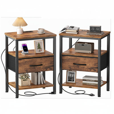 Nightstand with Built-in Charging Station, Bedside Table with Adjustable Fabric Drawer and 3-Tier Storage End Table by Wrought Studio
