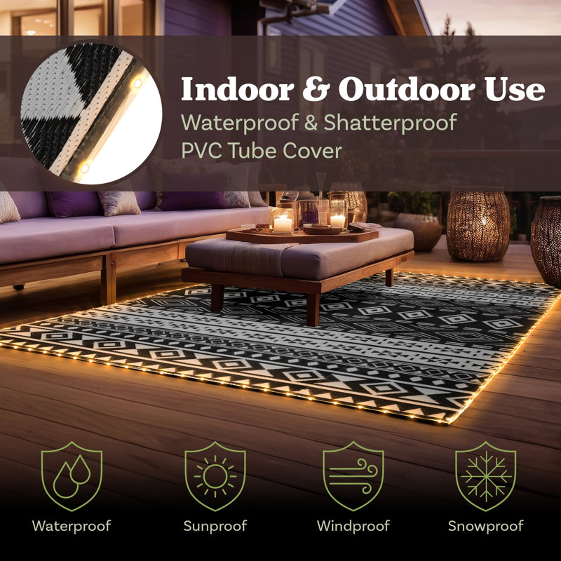 Outdoor Patio Rug with LED Lights - 8x10 Outdoor Rug - Plastic Straw Patio Mat Outdoor Waterproof Carpet - RV or Porch Decor by Pure Garden (Gray)