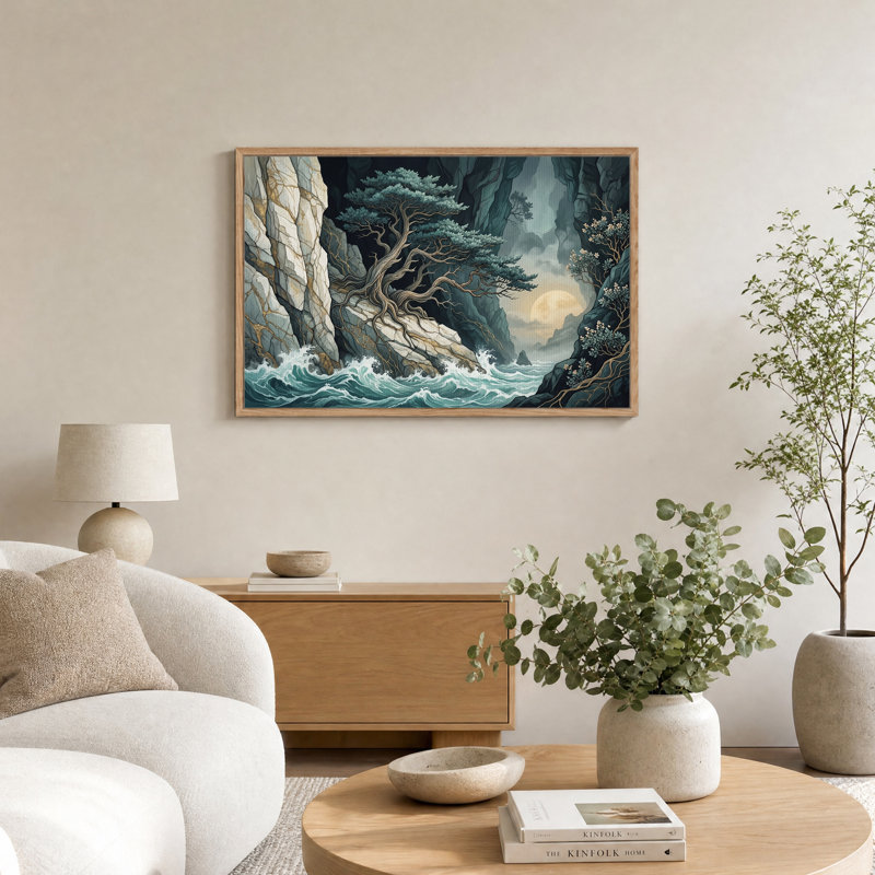 Tableau sur toile représentant une falaise côtière au clair de lune avec un arbre noueux, H 32 po x l 48 po