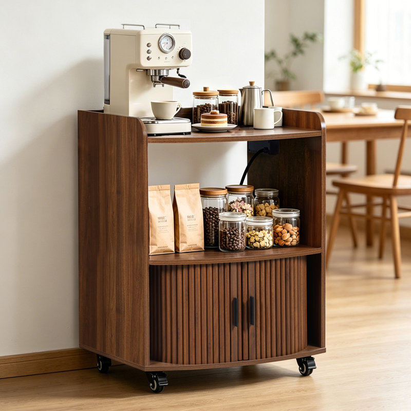 Armoire à café roulante avec prise de courant, chariot de cuisine mobile avec portes coulissantes et tablettes de rangement (l 23,62 po)