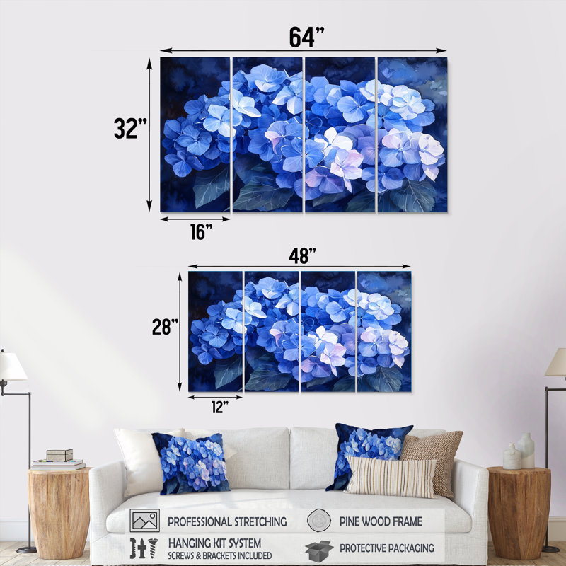 Hydrangeas Under The Moonlight I - Hydrangea Wall Decor - Traditional Wall Art, 28'' H x 48'' W, 4