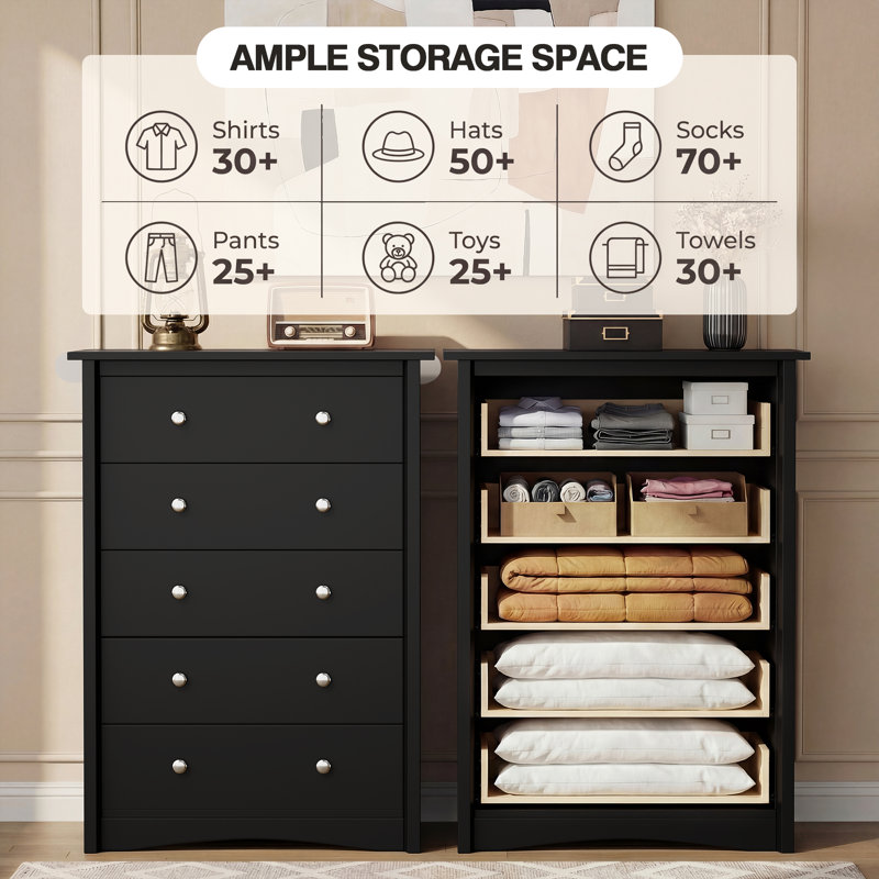 Modern 5-Drawer Dresser With Anti-Tip Kit, Tall Wood Chest For Bedroom Or Living Room Storage, Black, 5