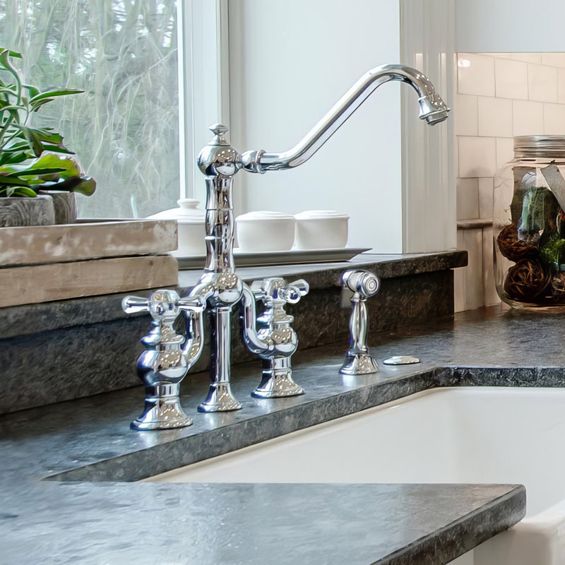 Whitehaus Bridge Faucet with Long Traditional Swivel Spout, Solid Side Spray, Polished Chrome, Lever Handle