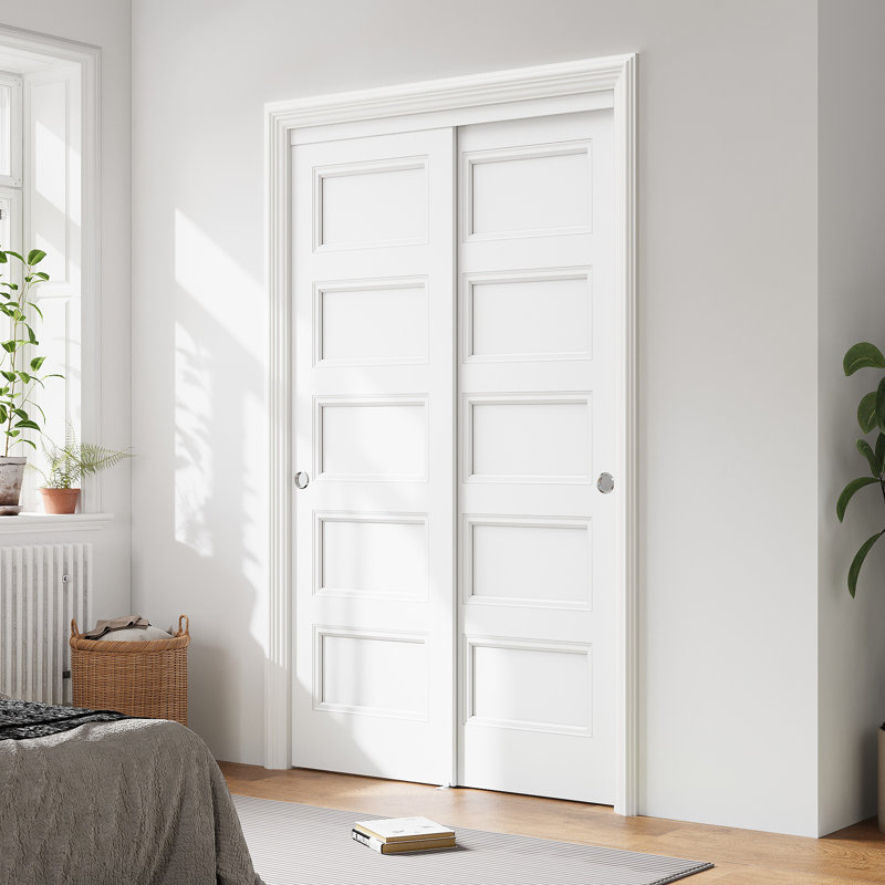  Aucun assemblage requis Fini - portes de placard coulissantes lisses blanches à 5 panneaux avec 48 po x 80 po de hauteur avec trousse de quincaillerie d'installation et poignée