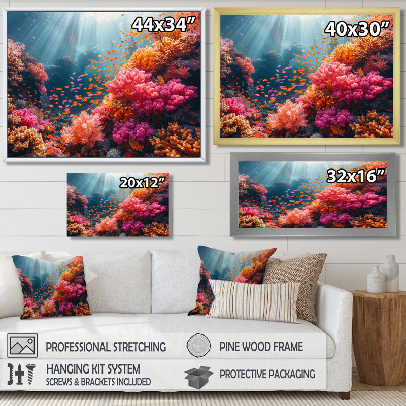 «Little Fishes God Rays Deep Ocean» - art mural corail, Toile avec cadre flottant noir, H 30 po x l 40 po x P 1,5 po