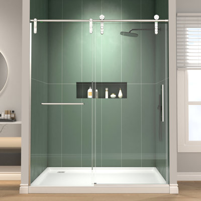 Porte de douche coulissante sans cadre de 56 à 60 po x H 76 po avec système de fermeture en douceur, verre trempé de 8 mm de diamètre, nickel brossé