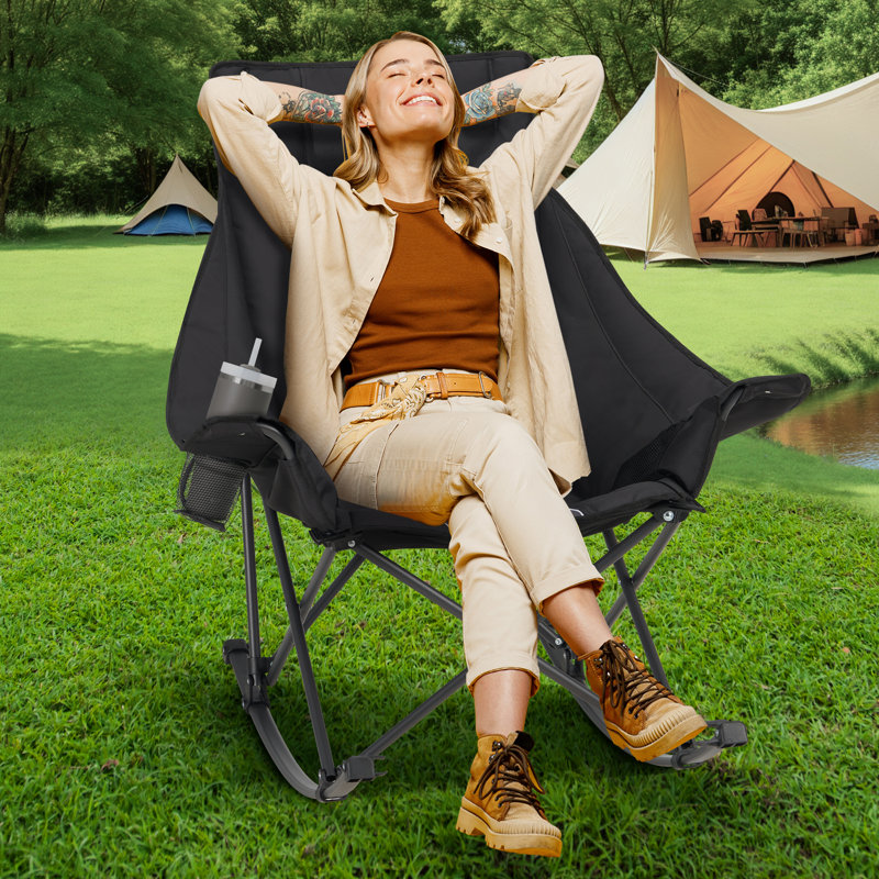  Oversize Folding Rocking Camping Chair For Outside Use With Cup Holder,Support 300 Lbs, Deep Gray/Black