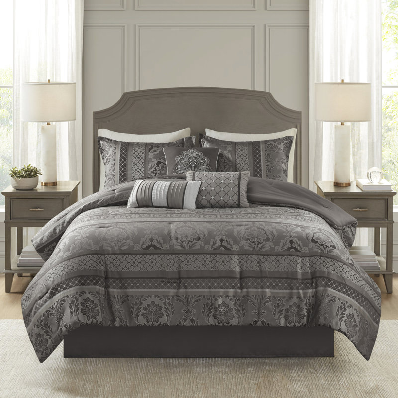 Édredon grand 7 pièces gris - Literie avec motifs de feuilles accrocheurs, Gris, Grand édredon et 6 pièces supplémentaires
