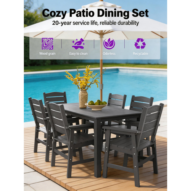 All Weather Outdoor Table and Chairs 7 Pieces Patio Dining Sets Outside Furniture With Umbrella Hole& Aluminum Frame HIPS Modern Patio Dining Set for 6 Person For Outside Backyard/Porch/Deck, 1-Table 6-Chairs, Gray