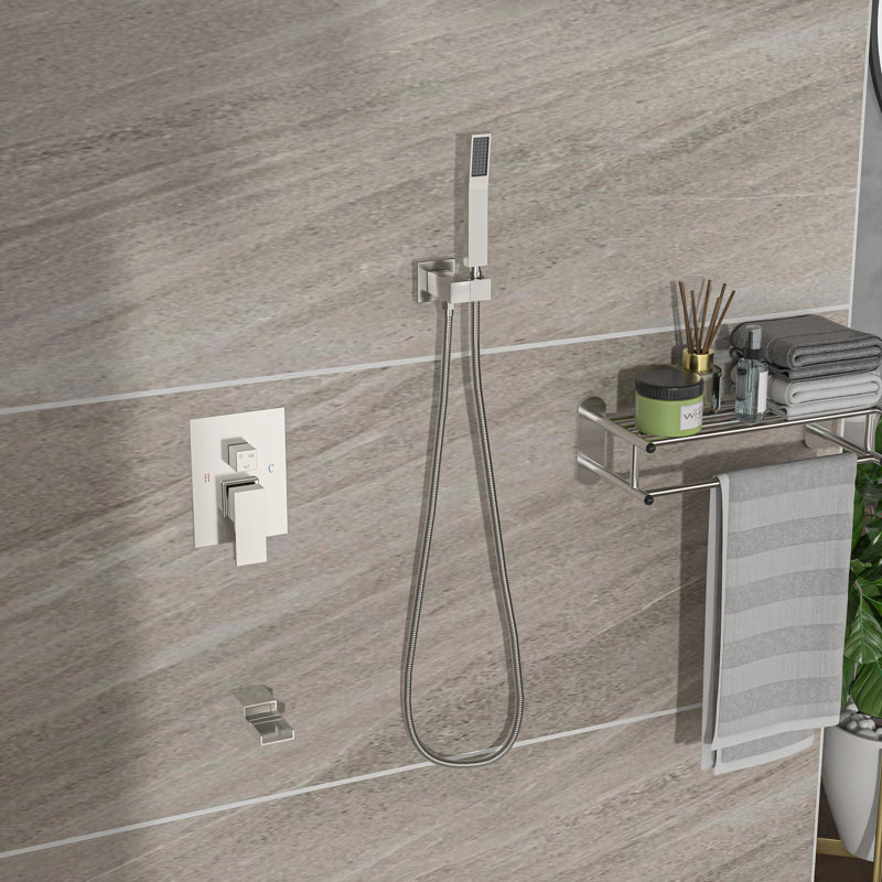 Shower System With Waterfall Tub Spout, 12 Inch Square Rain Shower, Brushed Nickel - 3 Function, Handheld, Easy Installation & Clean Finish Head, Valve