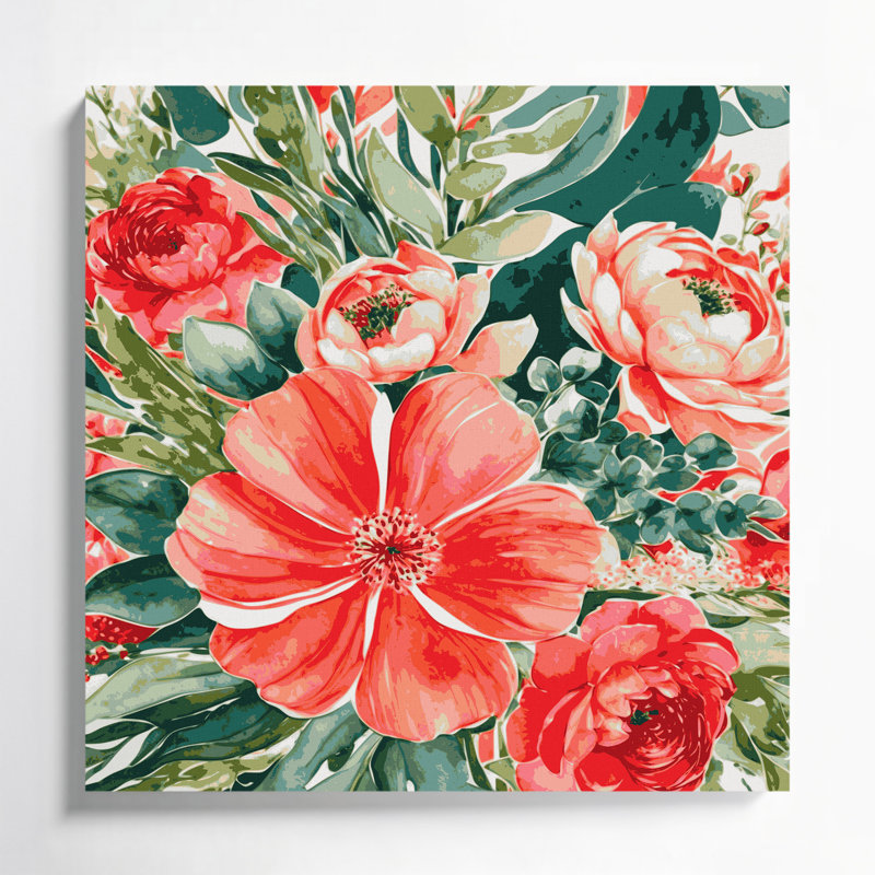 Aquarelle, art floral sur toile beige, H 32 po x l 32 po