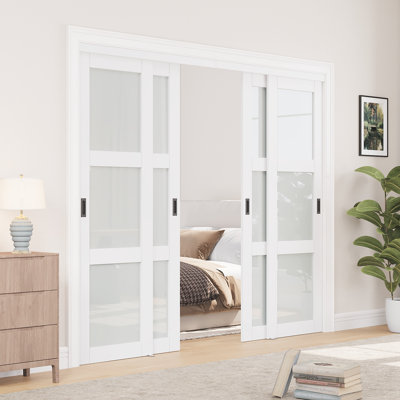 96"H 4-Lite Full-Assembled Tempered Glass Closet Sliding Doors With Hardware Kit & Handles(No Assembly Required)