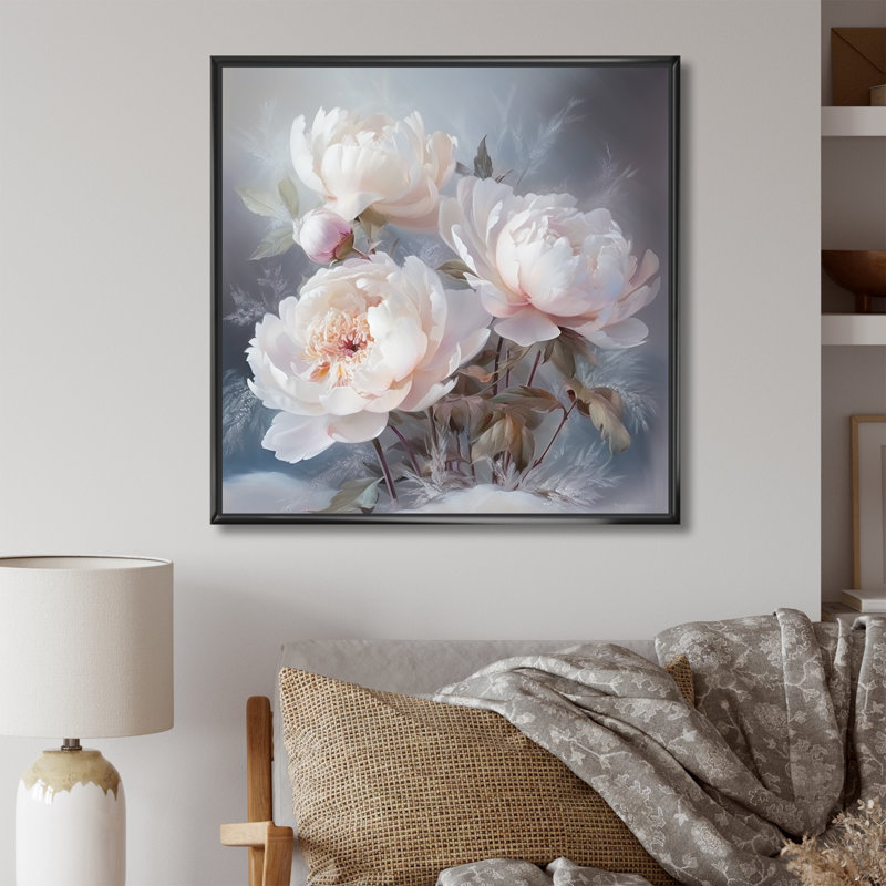" Chic Peonies Winter Charm ", 36" H x 36" W, Black Floater Framed