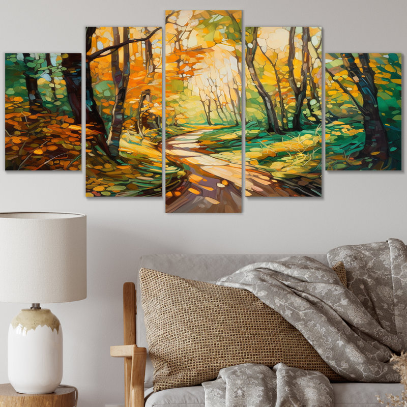 Lumière du soleil à travers les arbres en automne - Sentier forêt - 5 panneaux muraux