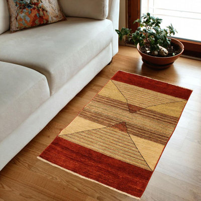 Tapis brun clair / rouge en laine noué à la main à motif rayé Abramowitz 2 pi 11 po x 5 pi 1 po