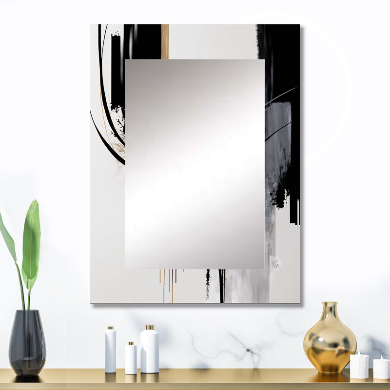 Noir, blanc et doré Expression II - miroir abstrait, miroir mural moderne unique, impression d'art en métal, 32 po x 24 po