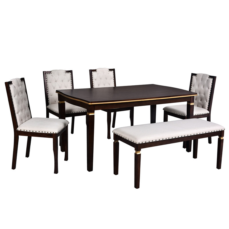 6 tables de salle à manger en bois massif de 60 po, table rectangulaire de 60 po, 4 chaises et banc, pour 6 personnes, 1 banc