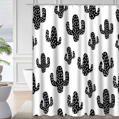 Cactus Black White Mexican Botanical Art Shower Curtain with 12 Hooks