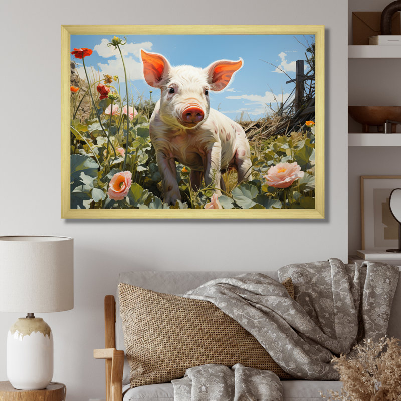 «Cute Pig jouant dans des fleurs I», reproduction d'art sur toile, H 24 po x l 32 po x P 1 po, Cadre doré à une seule photo