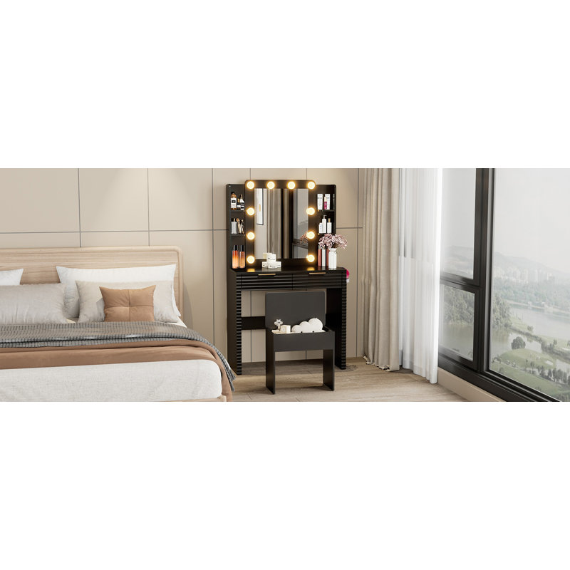 Black Makeup Vanity Desk With Hollywood Lights, Dressing Table With Charging Station, Drawers, Shelves, And Storage Stool | Gift Idea