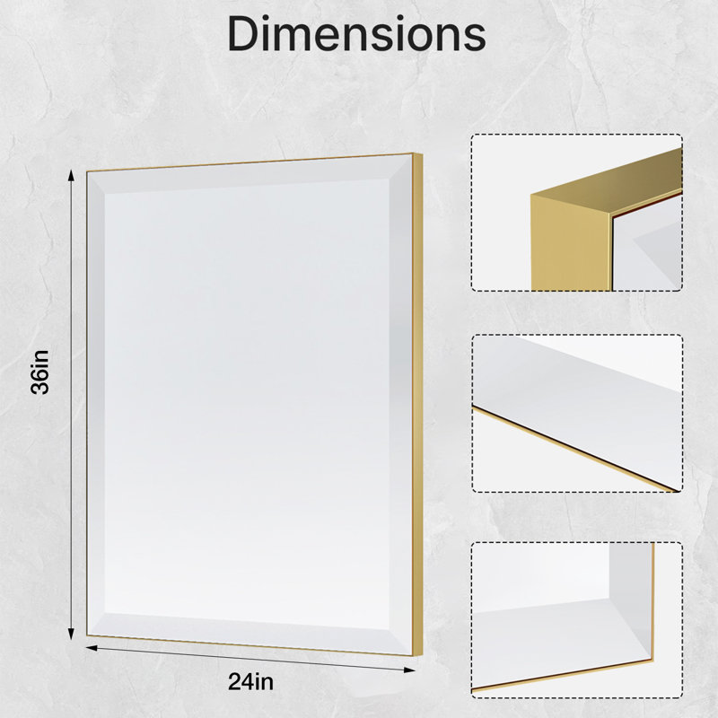 Aluminum Frame Bathroom Vanity Mirror,Tempered Glass Rectangle Wall Mirror, Gold, 24" x 36"