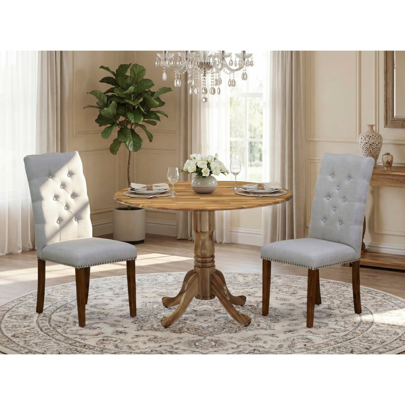 L'ensemble 3 pièces de table de salle à manger moderne comprend une table ronde en bois avec Dropleaf et 2 chaises de salle à manger Parsons en tissu gris, naturel