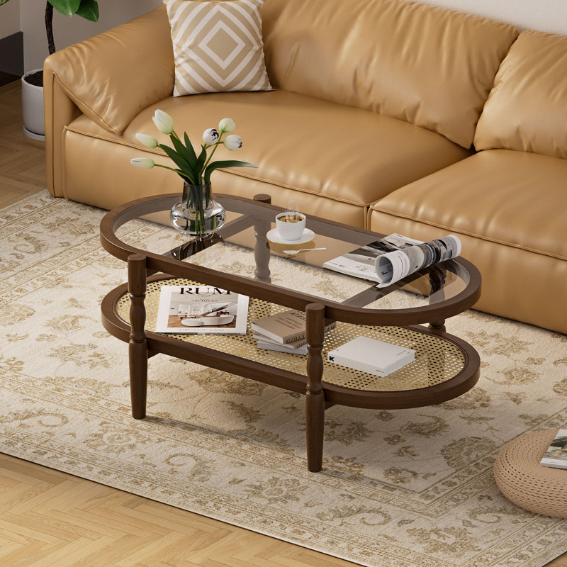 Oval Rattan Coffee Table with Glass Top and Solid Wood Frame, Mid Century Modern Cocktail Table, Large,  Walnut