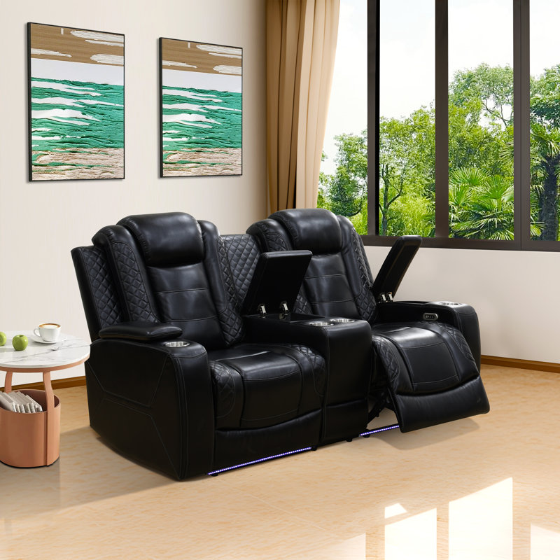 72" Breathing Leather Living Room Loveseat With Storage Armrest And Blue LED Lights, Black