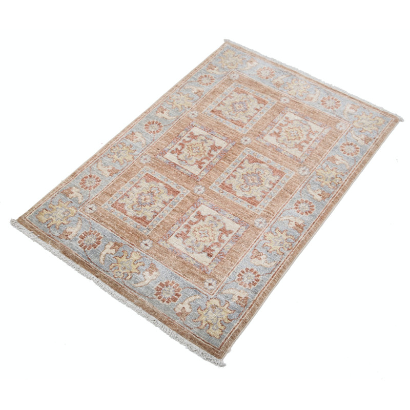 2x3.3 ft Hand Knotted Coral, Gray, Ivory Wool Area Rug, Turkish Geometric Design Accent Rug