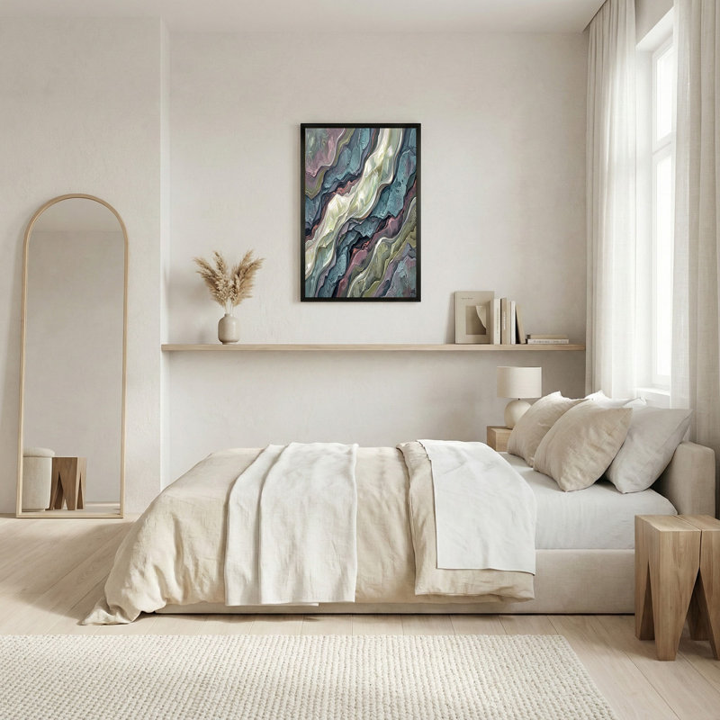 Art abstrait sur toile abstraite à vagues ondulées bleu sarcelle et rose, 24"H x 36"W