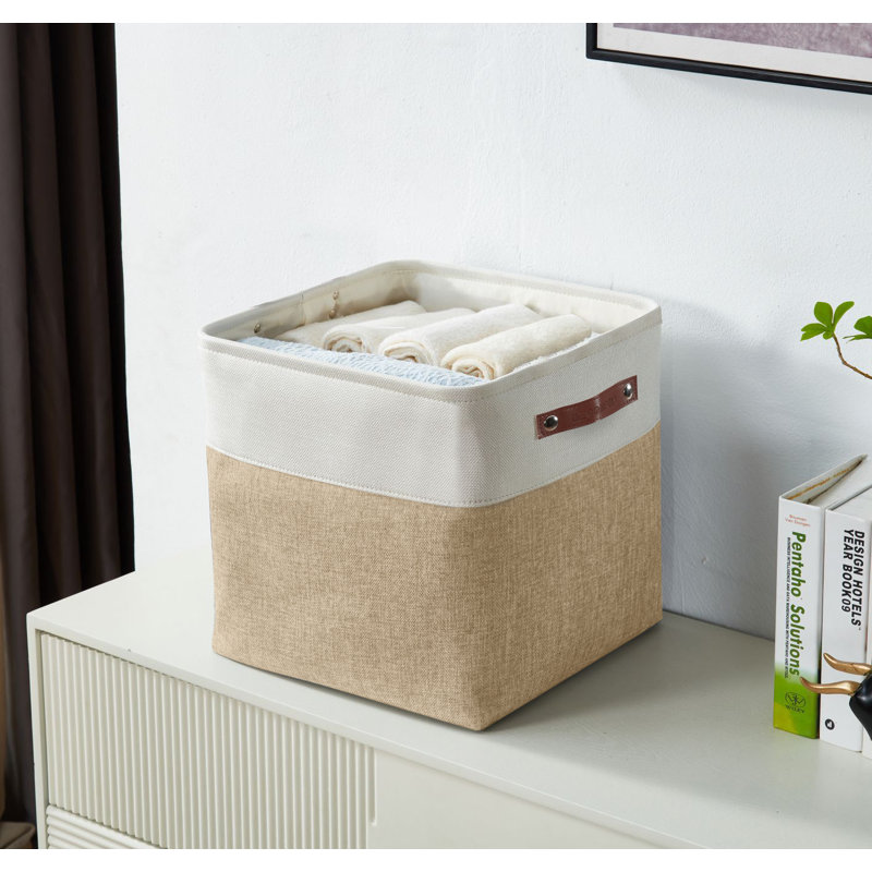Beige and White Rectangular Fabric Storage Bins with Handles
