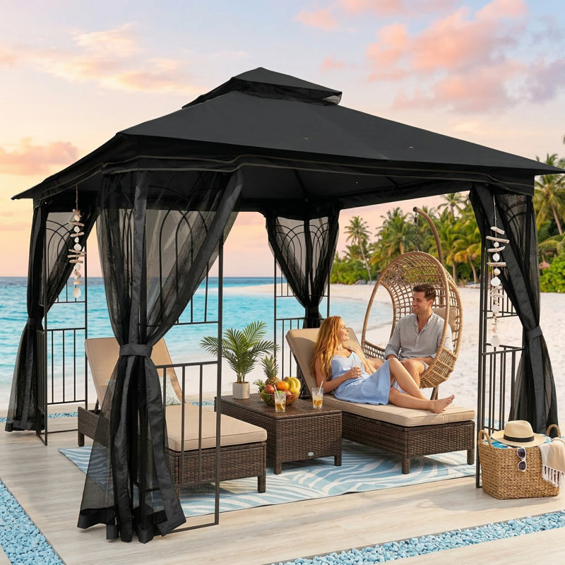 Outdoor Patio Canopy Tent Measuring 10x10 Feet, Features Ventilated Double Roof and Detachable Mosquito Netting on All Sides, Suitable for Lawns, Gardens, Backyards, and Decks, Gray Top