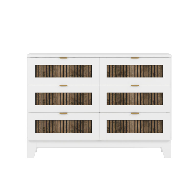 Commode en bois de style rustique avec 6 tiroirs, armoire de rangement pour chambre à coucher avec poignées en métal, Blanc